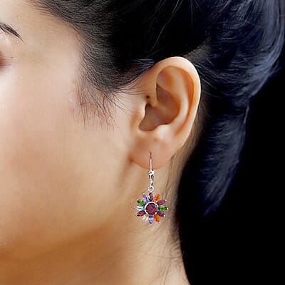 Multi Gemstone Lever Back Floral Earrings in Platinum Over Sterling Silver 6.00 ctw