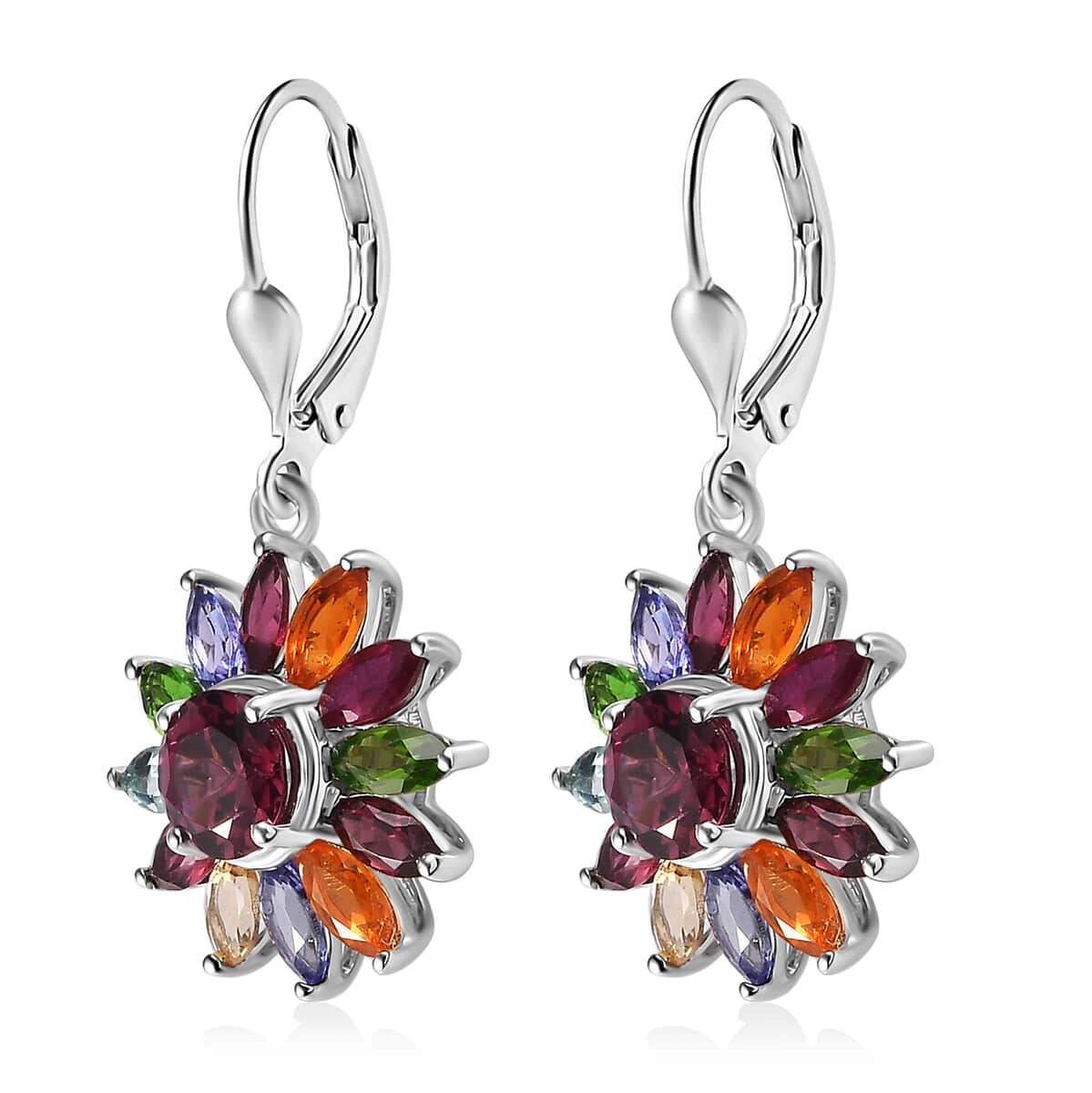Multi Gemstone Lever Back Floral Earrings in Platinum Over Sterling Silver 6.00 ctw image number 3
