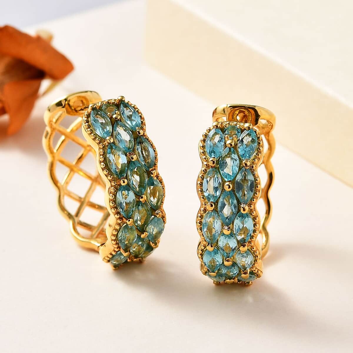 Betroka Blue Apatite Hoop Earrings in Vermeil Yellow Gold Over Sterling Silver 4.65 ctw image number 1