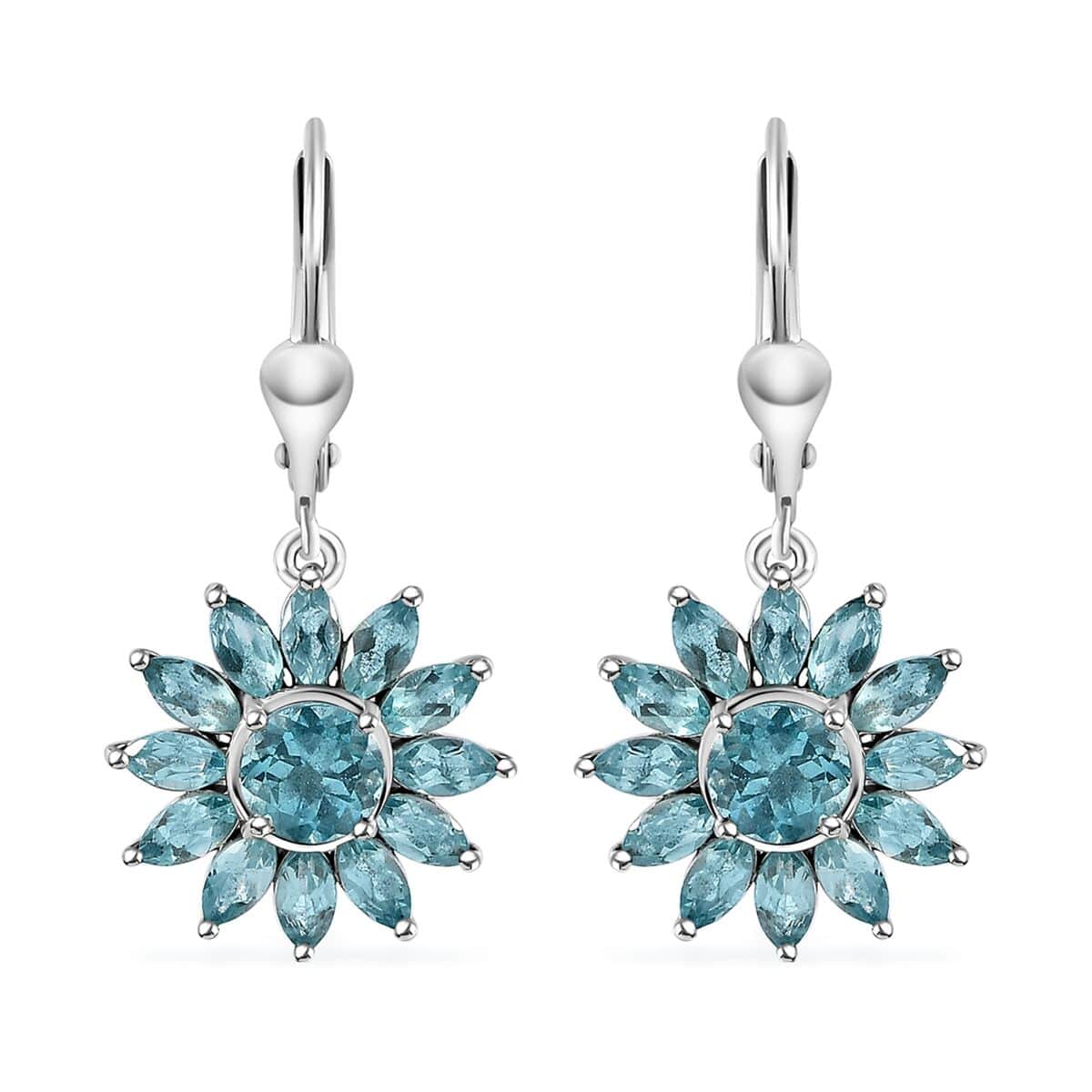 Madagascar Paraiba Apatite Lever Back Floral Earrings in Platinum Over Sterling Silver 5.90 ctw image number 0