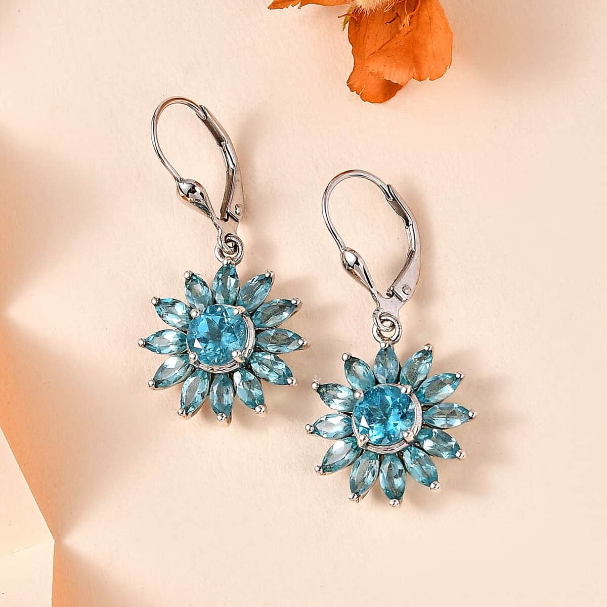 Madagascar Paraiba Apatite Lever Back Floral Earrings in Platinum Over Sterling Silver 5.90 ctw image number 1