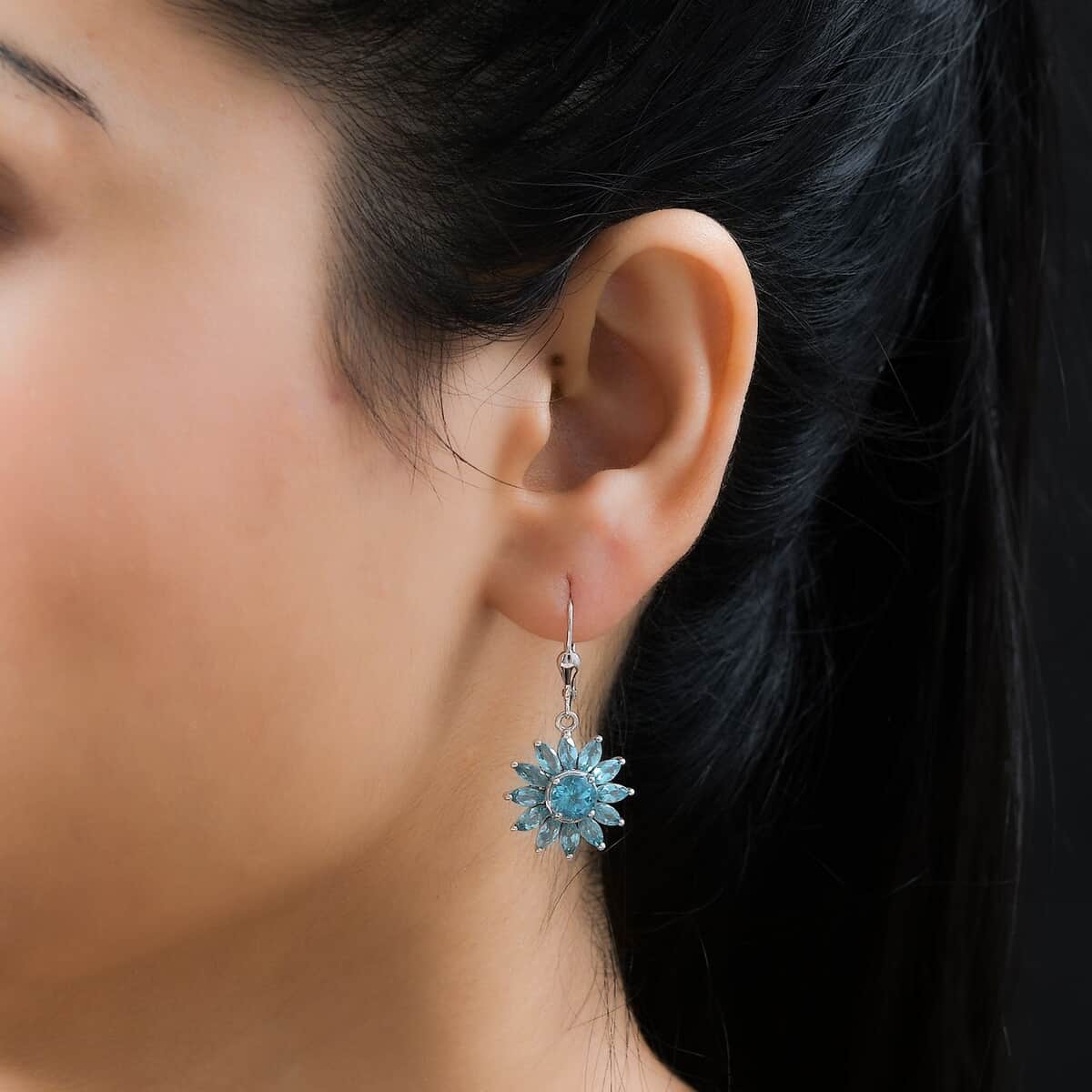 Madagascar Paraiba Apatite Lever Back Floral Earrings in Platinum Over Sterling Silver 5.90 ctw image number 2