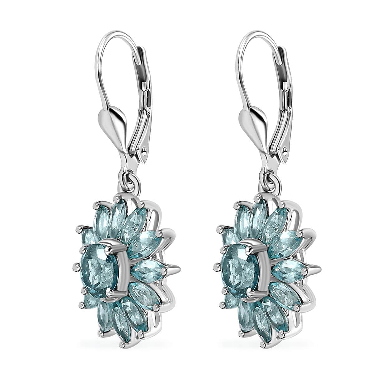 Madagascar Paraiba Apatite Lever Back Floral Earrings in Platinum Over Sterling Silver 5.90 ctw image number 3
