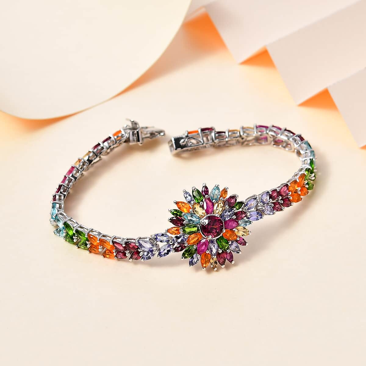 Multi Gemstone Floral Spray Bracelet in Platinum Over Sterling Silver (6.50 In) 16.60 ctw image number 1