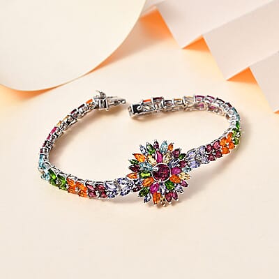 Multi Gemstone Floral Spray Bracelet in Platinum Over Sterling Silver (6.50 In) 16.60 ctw