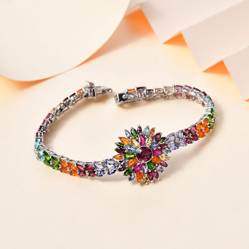 Multi Gemstone Floral Spray Bracelet in Platinum Over Sterling Silver (6.50 In) 16.60 ctw