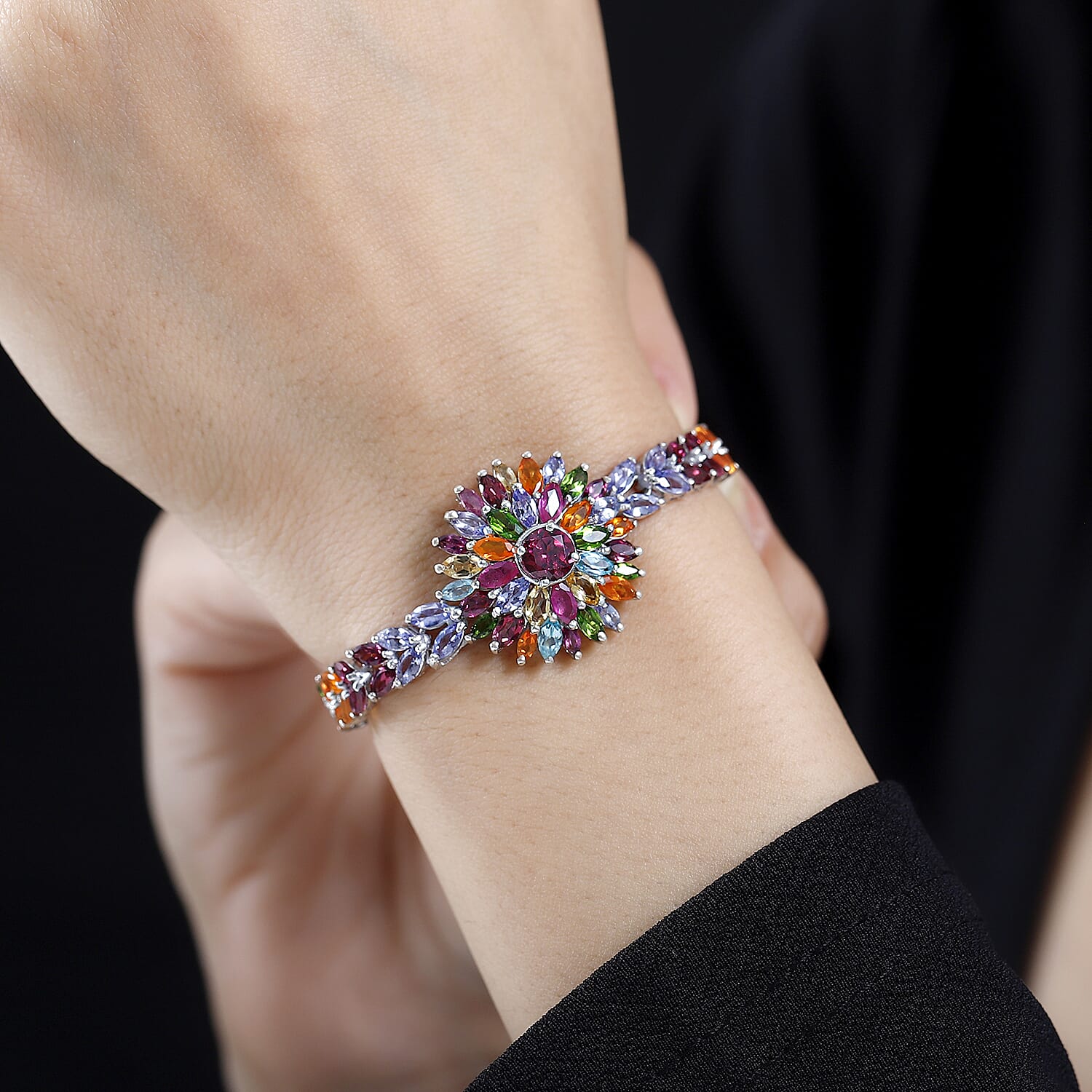 Multi Gemstone Floral Spray Bracelet in Platinum Over Sterling Silver (6.50 In) 16.60 ctw