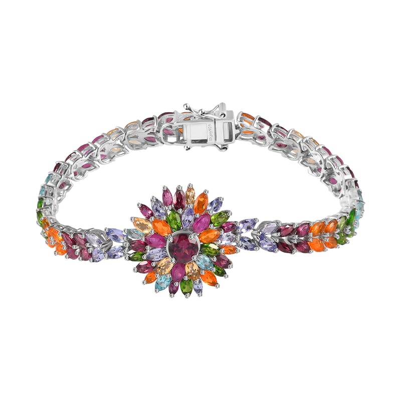 Multi Gemstone Floral Spray Bracelet in Platinum Over Sterling Silver (7.25 In) 18.35 ctw
