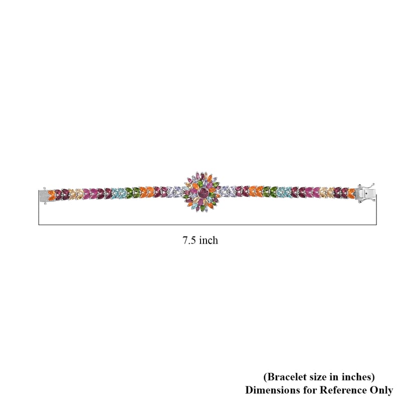 Multi Gemstone Floral Spray Bracelet in Platinum Over Sterling Silver (7.25 In) 18.35 ctw
