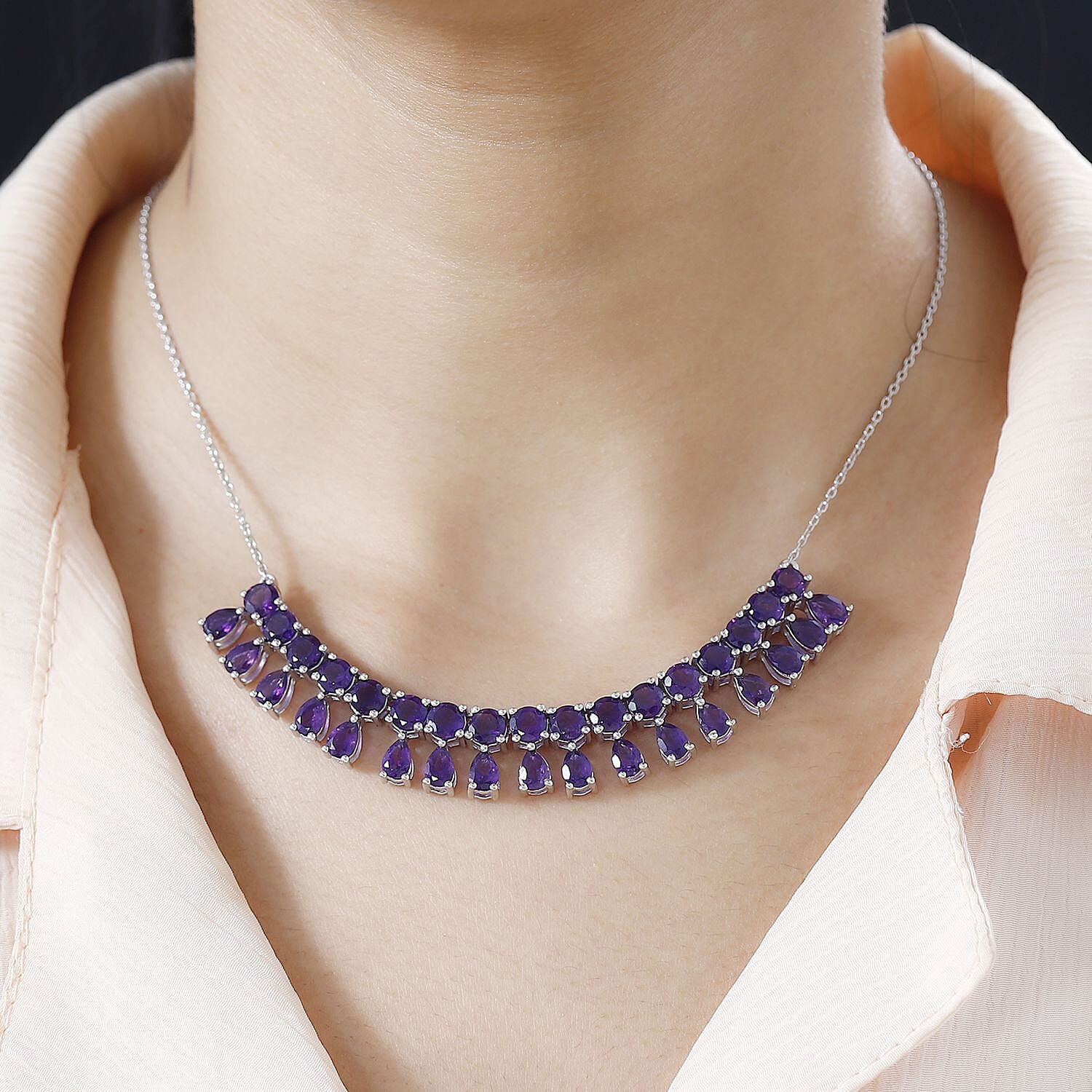 D'Joy African Amethyst Necklace 18-20 Inches in Platinum Over Sterling Silver 14.50 ctw