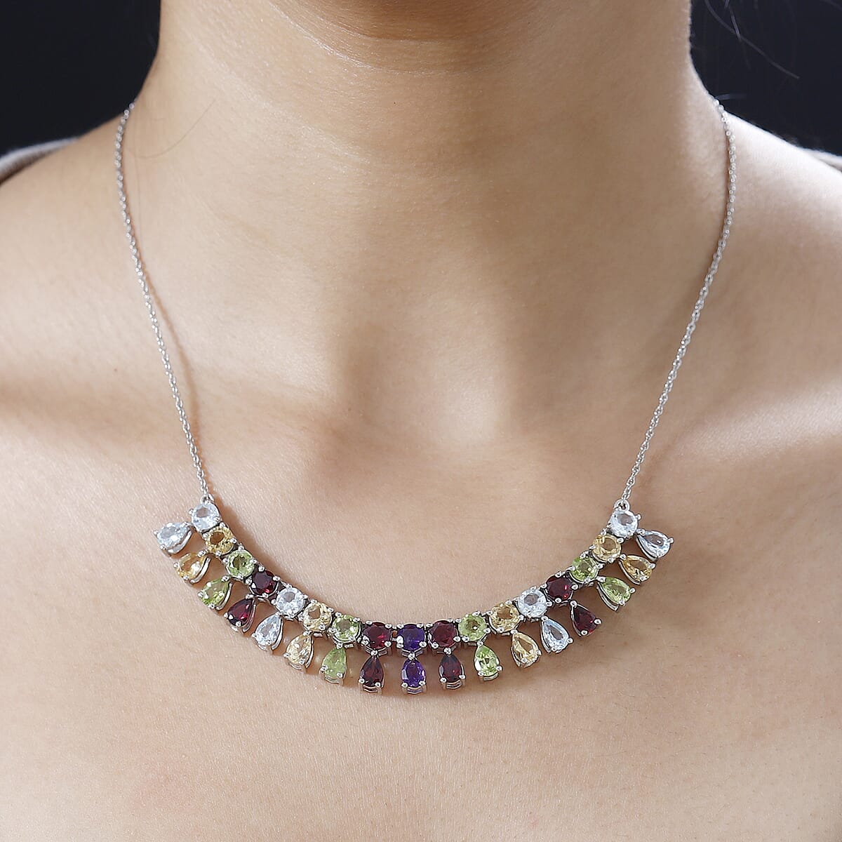 Multi Gemstone Necklace 18-20 Inches in Platinum Over Sterling Silver 16.90 ctw image number 2