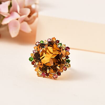Blossom Cut Brazilian Citrine and Multi Gemstone Ring in Vermeil Yellow Gold Over Sterling Silver (Size 10.0) 20.75 ctw