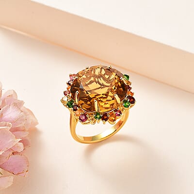 Blossom Cut Brazilian Citrine and Multi Gemstone Ring in Vermeil Yellow Gold Over Sterling Silver (Size 10.0) 20.75 ctw