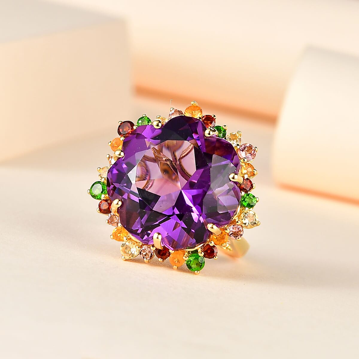 Blossom Cut African Amethyst and Multi Gemstone Ring in Vermeil Yellow Gold Over Sterling Silver (Size 9.0) 20.00 ctw image number 1