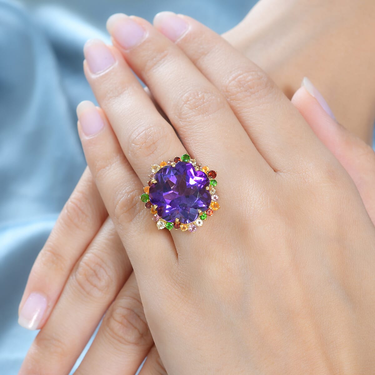 Blossom Cut African Amethyst and Multi Gemstone Ring in Vermeil Yellow Gold Over Sterling Silver (Size 9.0) 20.00 ctw image number 2