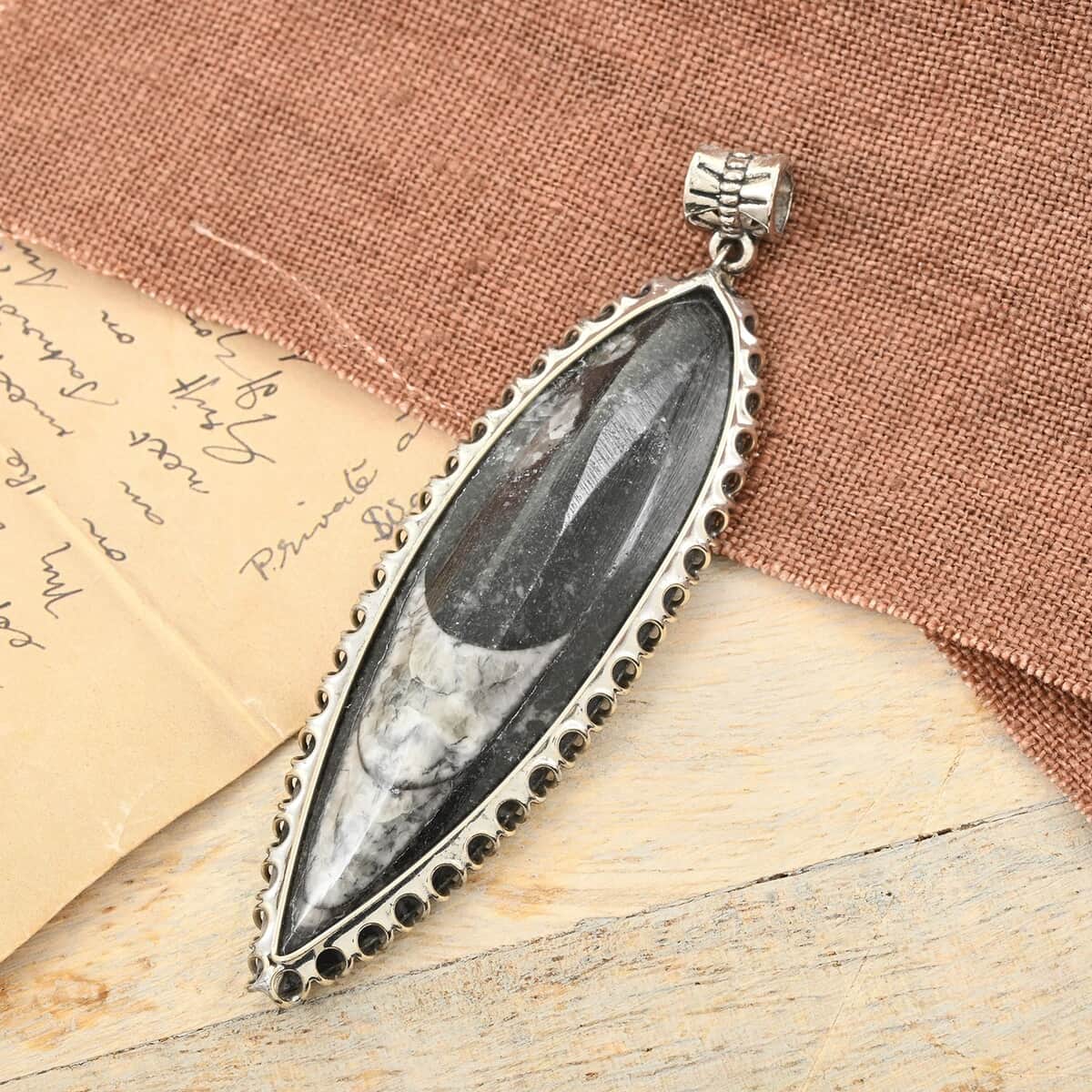 Black Orthoceras Large Pointed Pendant in Silvertone 48.25 ctw image number 1