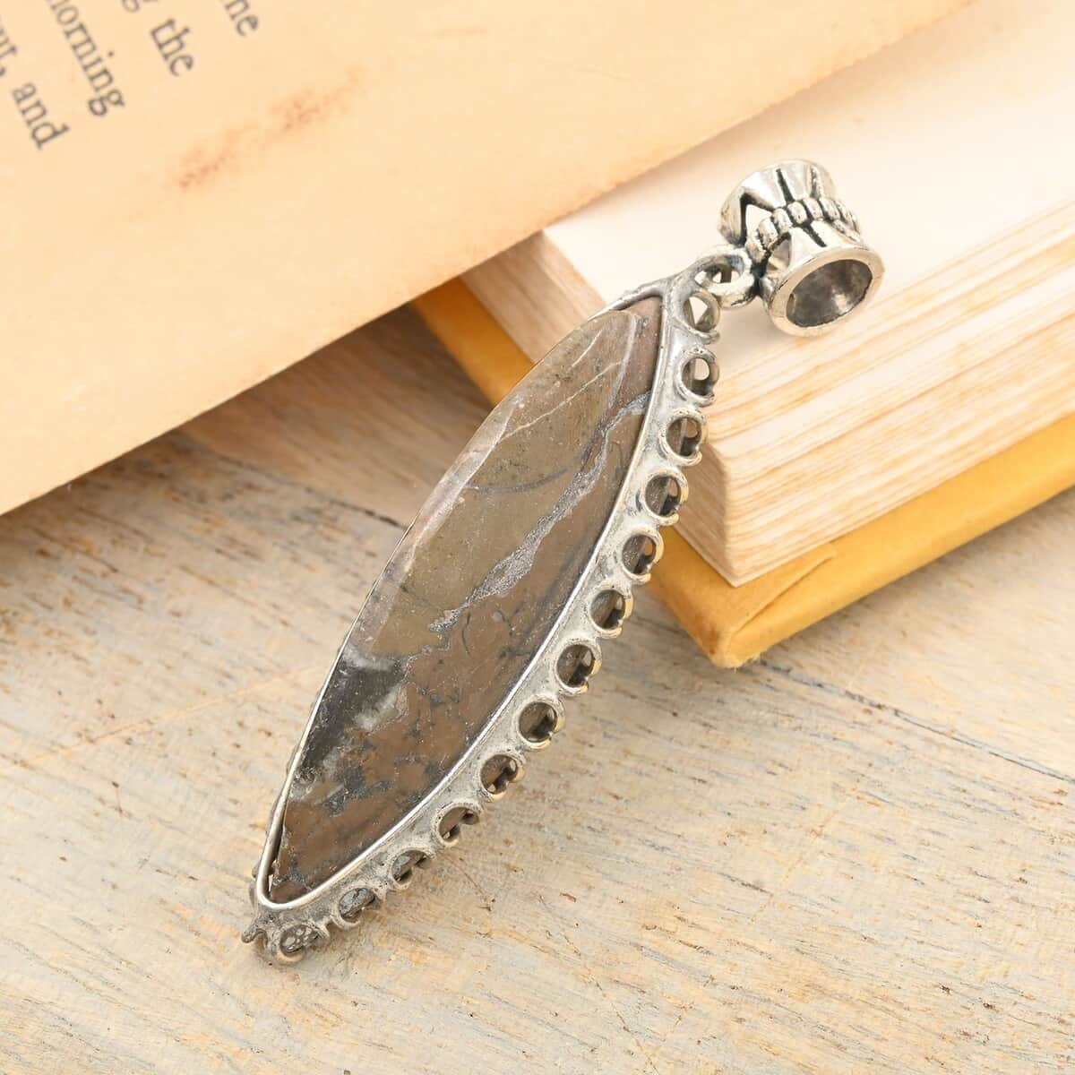 Brown Orthoceras 25.00 ctw Small Pointed Pendant in Silvertone image number 1