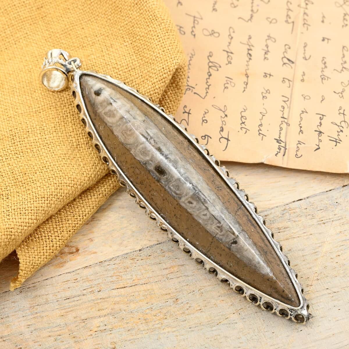 Brown Orthoceras 52.25 ctw Large Pointed Pendant in Silvertone image number 1