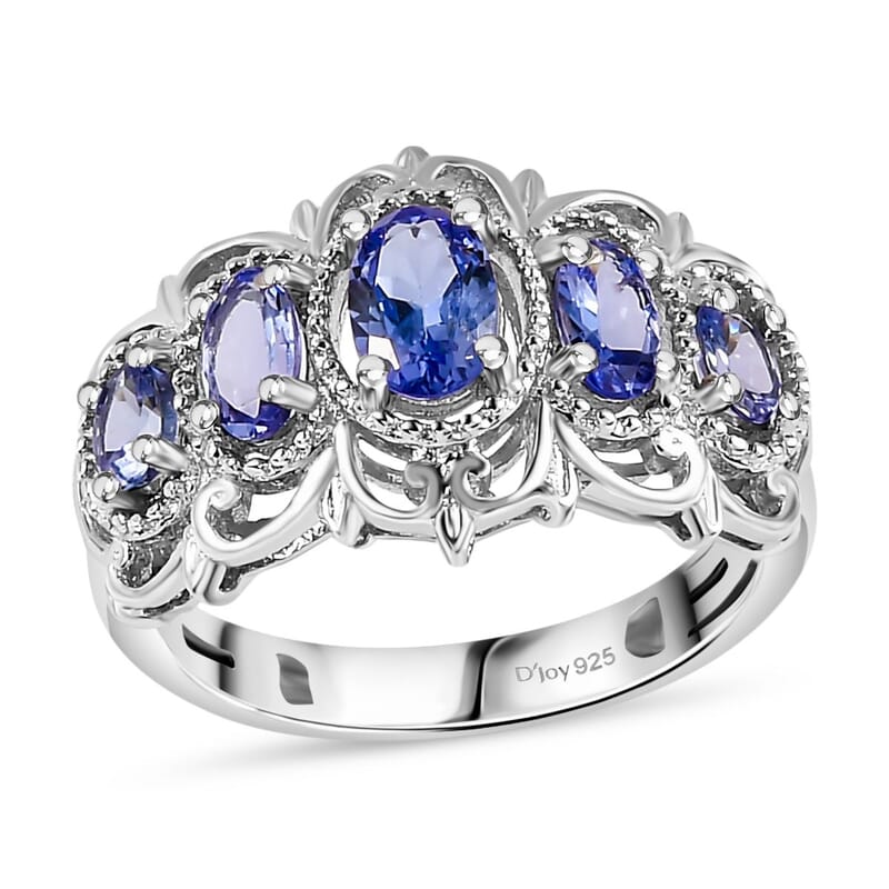 Tanzanite 5 Stone Ring in Platinum Over Sterling Silver (Size 10.0) 1.20 ctw