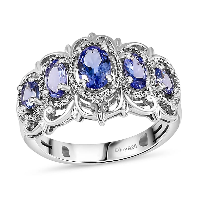 Tanzanite 5 Stone Ring in Platinum Over Sterling Silver (Size 10.0) 1.20 ctw