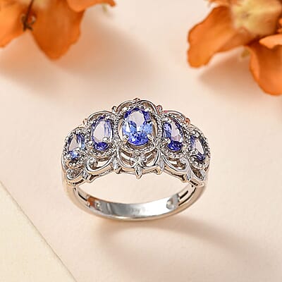 Tanzanite 5 Stone Ring in Platinum Over Sterling Silver (Size 10.0) 1.20 ctw
