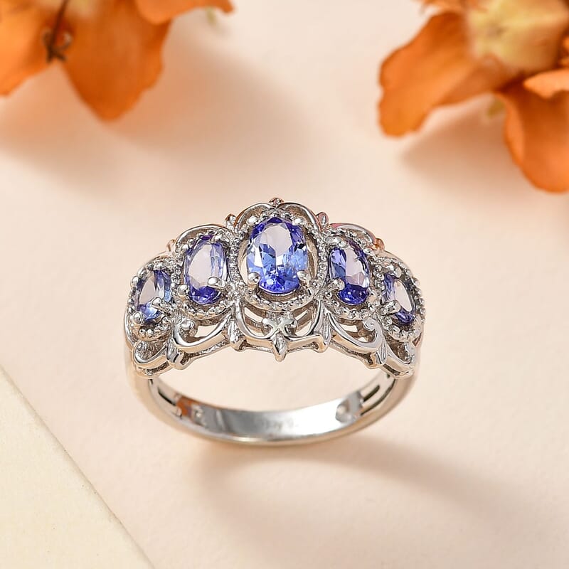 Tanzanite 5 Stone Ring in Platinum Over Sterling Silver (Size 10.0) 1.20 ctw