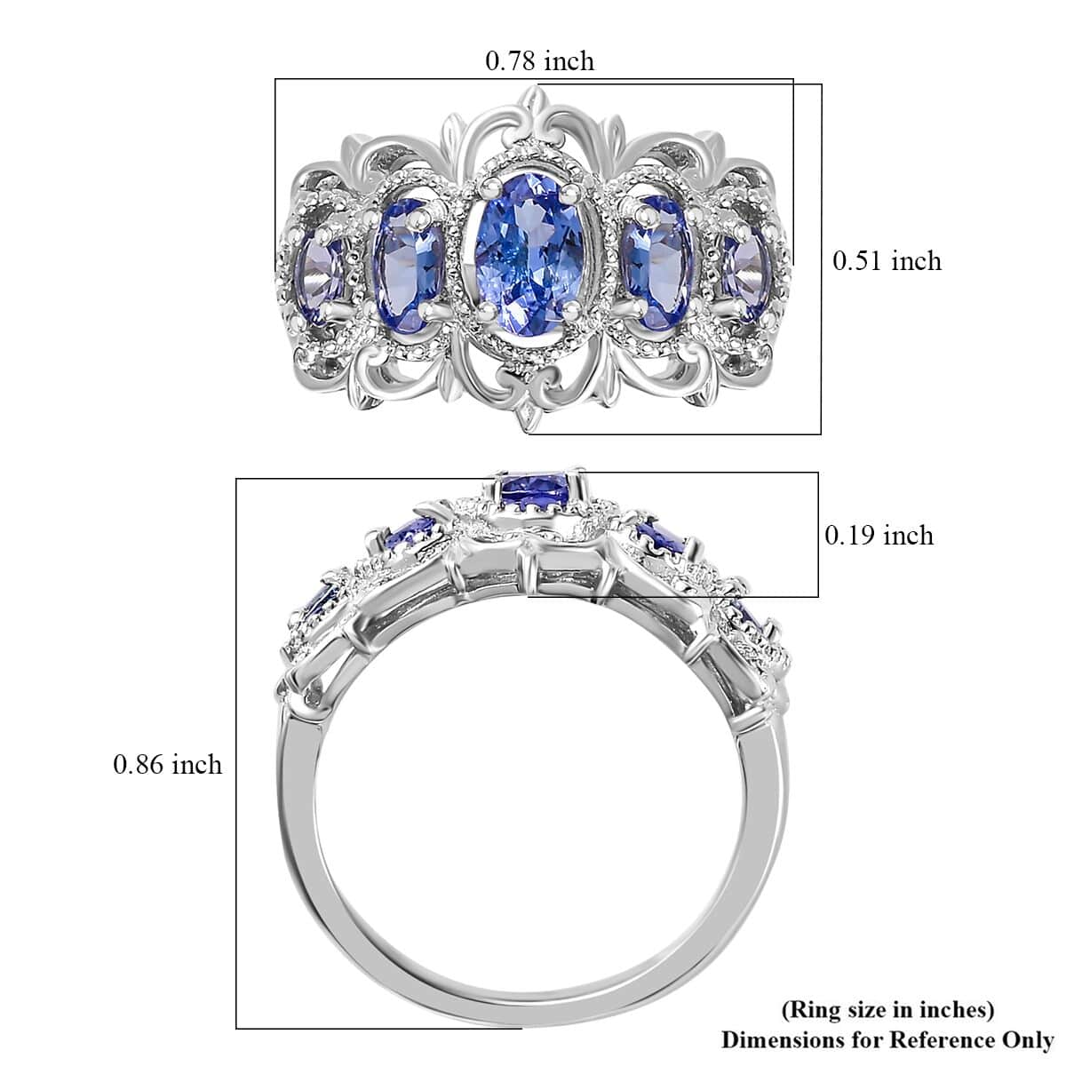 Tanzanite 5 Stone Ring in Platinum Over Sterling Silver (Size 10.0) 1.20 ctw image number 5