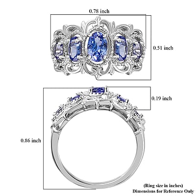 Tanzanite 5 Stone Ring in Platinum Over Sterling Silver (Size 10.0) 1.20 ctw