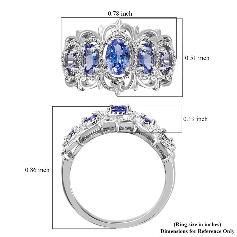 Tanzanite 5 Stone Ring in Platinum Over Sterling Silver (Size 10.0) 1.20 ctw