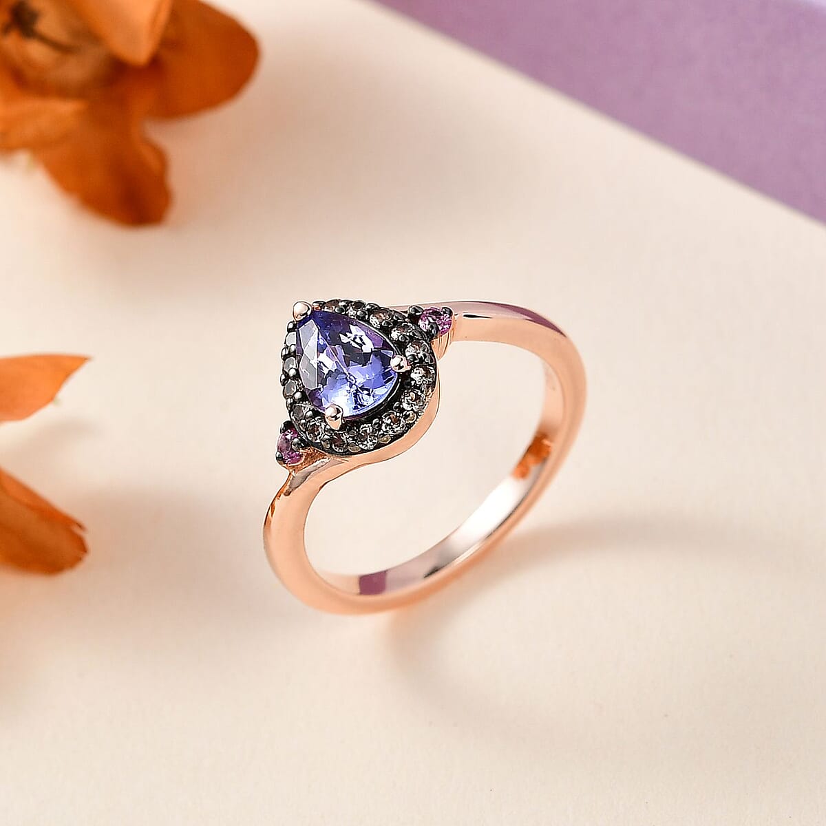 Tanzanite and Multi Gemstone Halo Ring in Vermeil Rose Gold Over Sterling Silver (Size 7.0) 0.90 ctw image number 1
