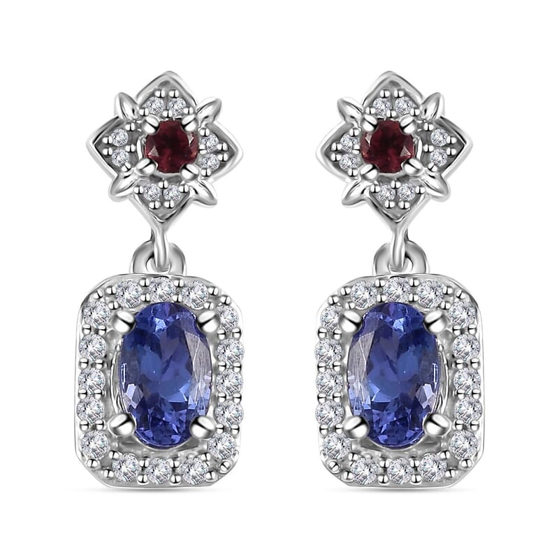 AAA Tanzanite and Multi Gemstone Dangle Earrings in Platinum Over Sterling Silver 1.35 ctw