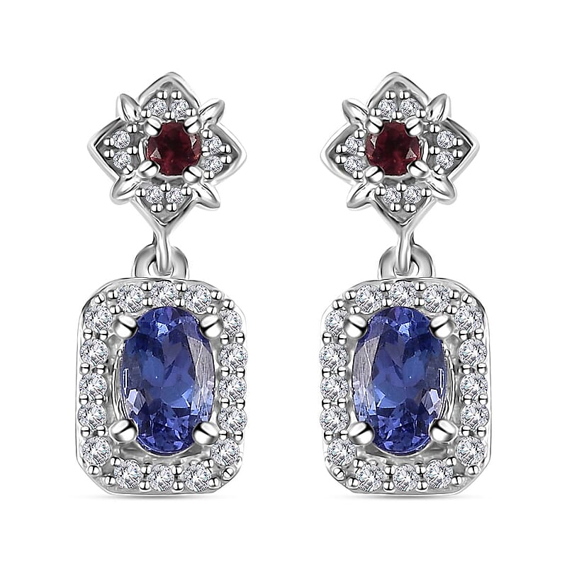 AAA Tanzanite and Multi Gemstone Dangle Earrings in Platinum Over Sterling Silver 1.35 ctw
