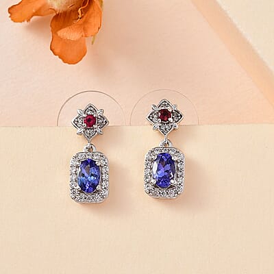 AAA Tanzanite and Multi Gemstone Dangle Earrings in Platinum Over Sterling Silver 1.35 ctw