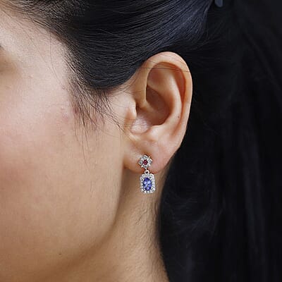 AAA Tanzanite and Multi Gemstone Dangle Earrings in Platinum Over Sterling Silver 1.35 ctw