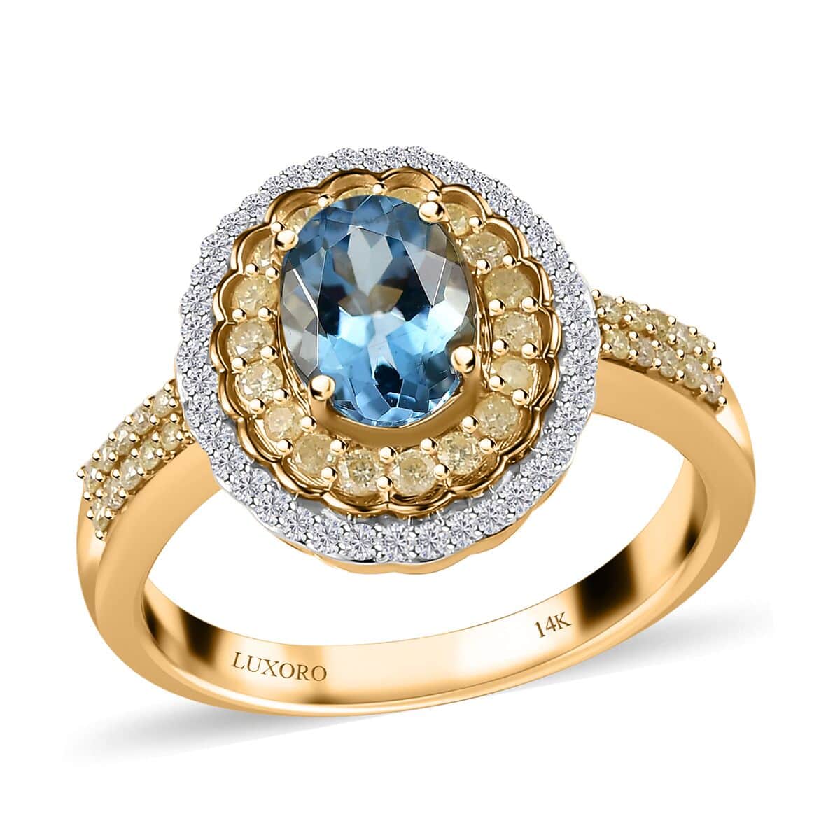 Luxoro 14K Yellow Gold AAA Santa Maria Aquamarine, I2-I3 Natural Yellow and White Diamond Floral Ring (Size 10.0) 4.50 Grams 1.50 ctw image number 0