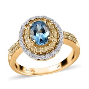 Luxoro 14K Yellow Gold AAA Santa Maria Aquamarine, I2-I3 Natural Yellow and White Diamond Floral Ring (Size 10.0) 4.50 Grams 1.50 ctw