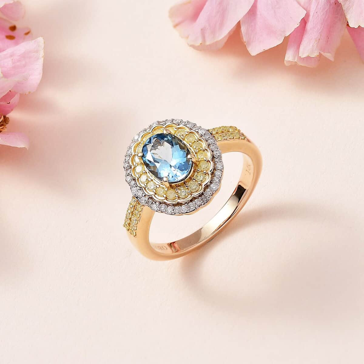 Luxoro 14K Yellow Gold AAA Santa Maria Aquamarine, I2-I3 Natural Yellow and White Diamond Floral Ring (Size 10.0) 4.50 Grams 1.50 ctw image number 1