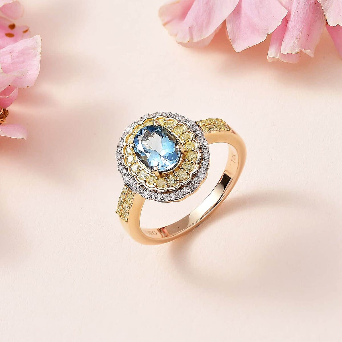 Luxoro 14K Yellow Gold AAA Santa Maria Aquamarine, Natural Yellow and White Diamond (I2-I3) (0.50 cts) Floral Ring (Size 12.0) (4.50 g) 1.50 ctw image number 1