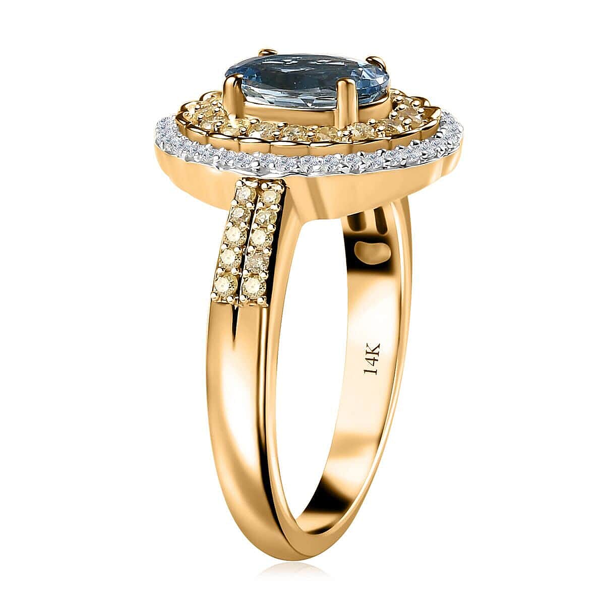 Luxoro 14K Yellow Gold AAA Santa Maria Aquamarine, Natural Yellow and White Diamond (I2-I3) (0.50 cts) Floral Ring (Size 12.0) (4.50 g) 1.50 ctw image number 3