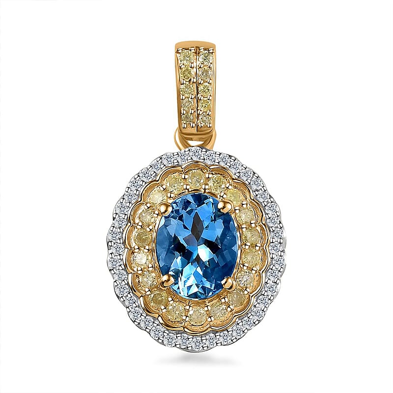 Luxoro 14K Yellow Gold AAA Santa Maria Aquamarine, I2-I3 Natural Yellow and White Diamond Floral Pendant 1.40 ctw