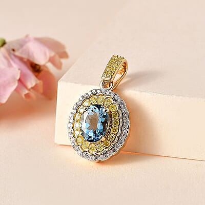 Luxoro 14K Yellow Gold AAA Santa Maria Aquamarine, I2-I3 Natural Yellow and White Diamond Floral Pendant 1.40 ctw