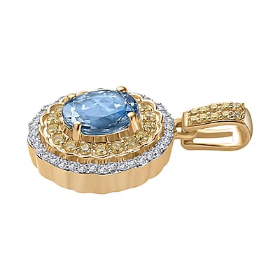 Luxoro 14K Yellow Gold AAA Santa Maria Aquamarine, I2-I3 Natural Yellow and White Diamond Floral Pendant 1.40 ctw