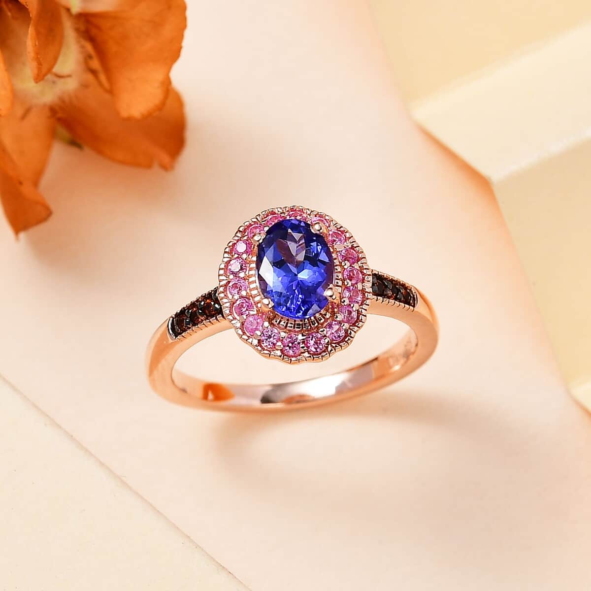 AAA Tanzanite and Multi Gemstone Halo Ring in Vermeil Rose Gold Over Sterling Silver (Size 10.0) 1.15 ctw image number 1
