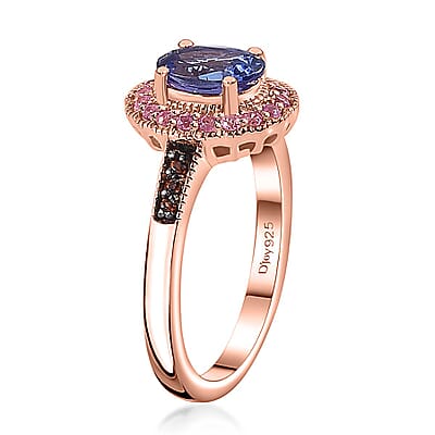 AAA Tanzanite and Multi Gemstone Halo Ring in Vermeil Rose Gold Over Sterling Silver (Size 10.0) 1.15 ctw