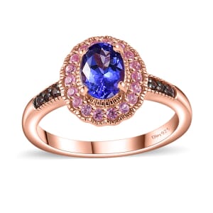 AAA Tanzanite and Multi Gemstone Halo Ring in Vermeil Rose Gold Over Sterling Silver (Size 8.0) 1.15 ctw
