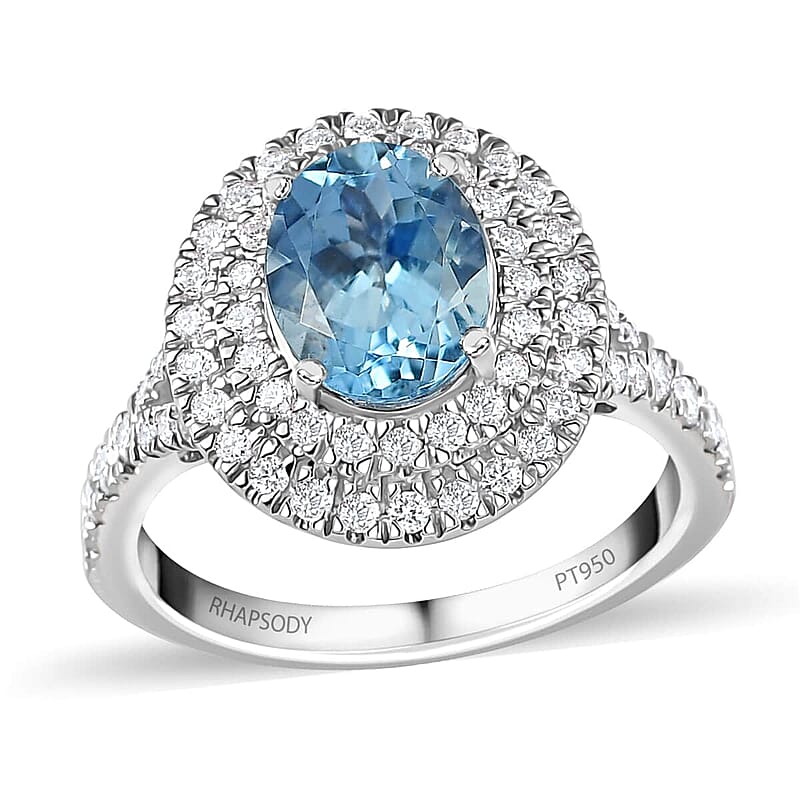 Rhapsody 950 Platinum AAAA Santa Maria Aquamarine and E-F VS Diamond Double Halo Ring (Size 10.0) 5.85 Grams 2.20 ctw