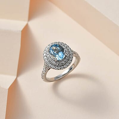 Rhapsody 950 Platinum AAAA Santa Maria Aquamarine and E-F VS Diamond Double Halo Ring (Size 10.0) 5.85 Grams 2.20 ctw