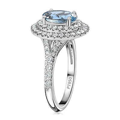 Rhapsody 950 Platinum AAAA Santa Maria Aquamarine and E-F VS Diamond Double Halo Ring (Size 10.0) 5.85 Grams 2.20 ctw