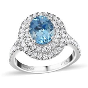 Rhapsody 950 Platinum AAAA Santa Maria Aquamarine and E-F VS Diamond Double Halo Ring (Size 6.5) 5.85 Grams 2.20 ctw