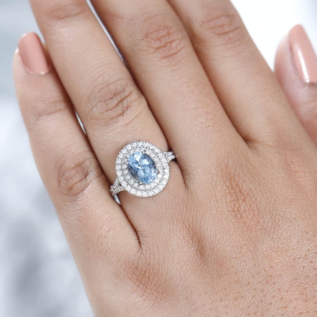 Rhapsody 950 Platinum AAAA Santa Maria Aquamarine and E-F VS Diamond Double Halo Ring (Size 6.5) 5.85 Grams 2.20 ctw image number 2